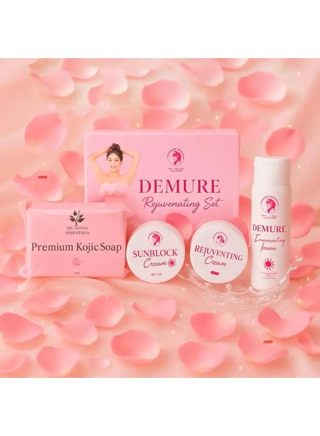Demure Rejuvenating Set, Kojic Soap, Sunblock Cream, Rejuvenating Cream, Essence Lotion, Skincare System, Beauty Care, Skin Routine, Facial Care, Body Care, Cosmetic Collection, Self Care, Glow Treatment, Protection Formula, Daily Regimen